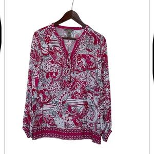 Sharon Young V neck Tie Hot pink Floral Blouse, size Medium